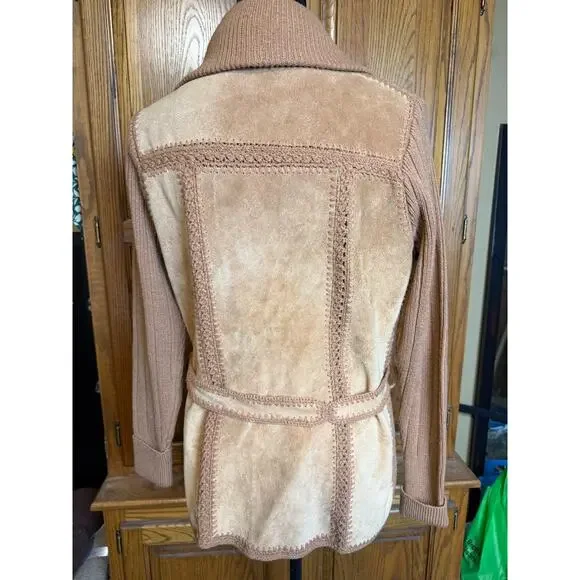 Vtg 1970's Belted Suede Knit Pieced Leather Crochet Cardigan Jacket Sz M *READ - Picture 2 of 11
